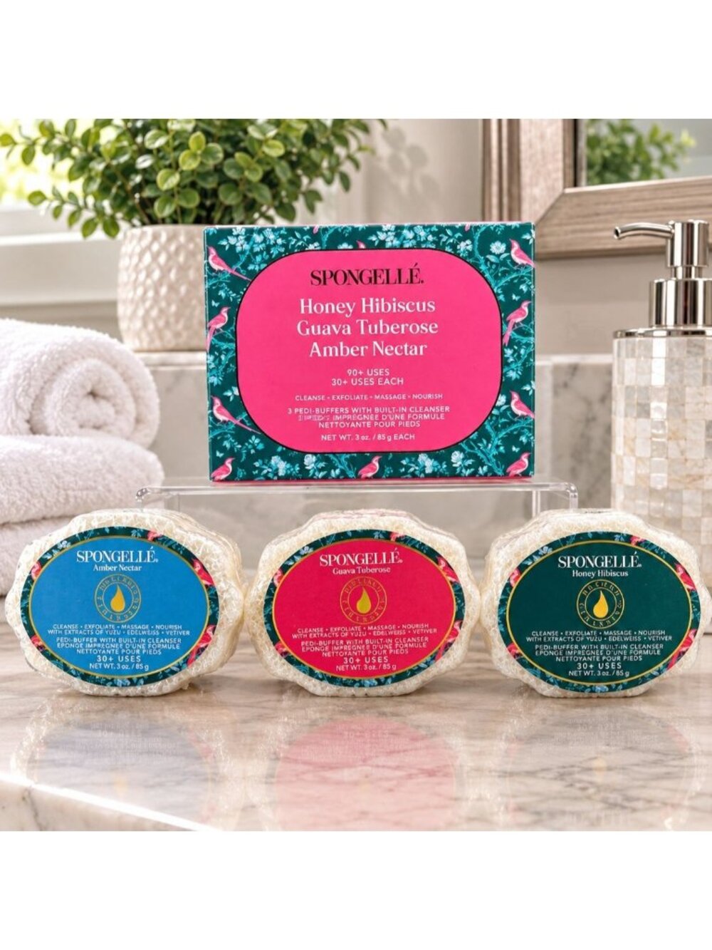 Spongelle Honey Hibiscus Guava Tuberose Amber Nectar Pedi-Buffer Trio 3 oz